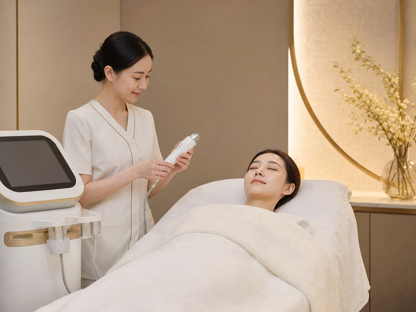 美容皮膚科で肌を確認する様子