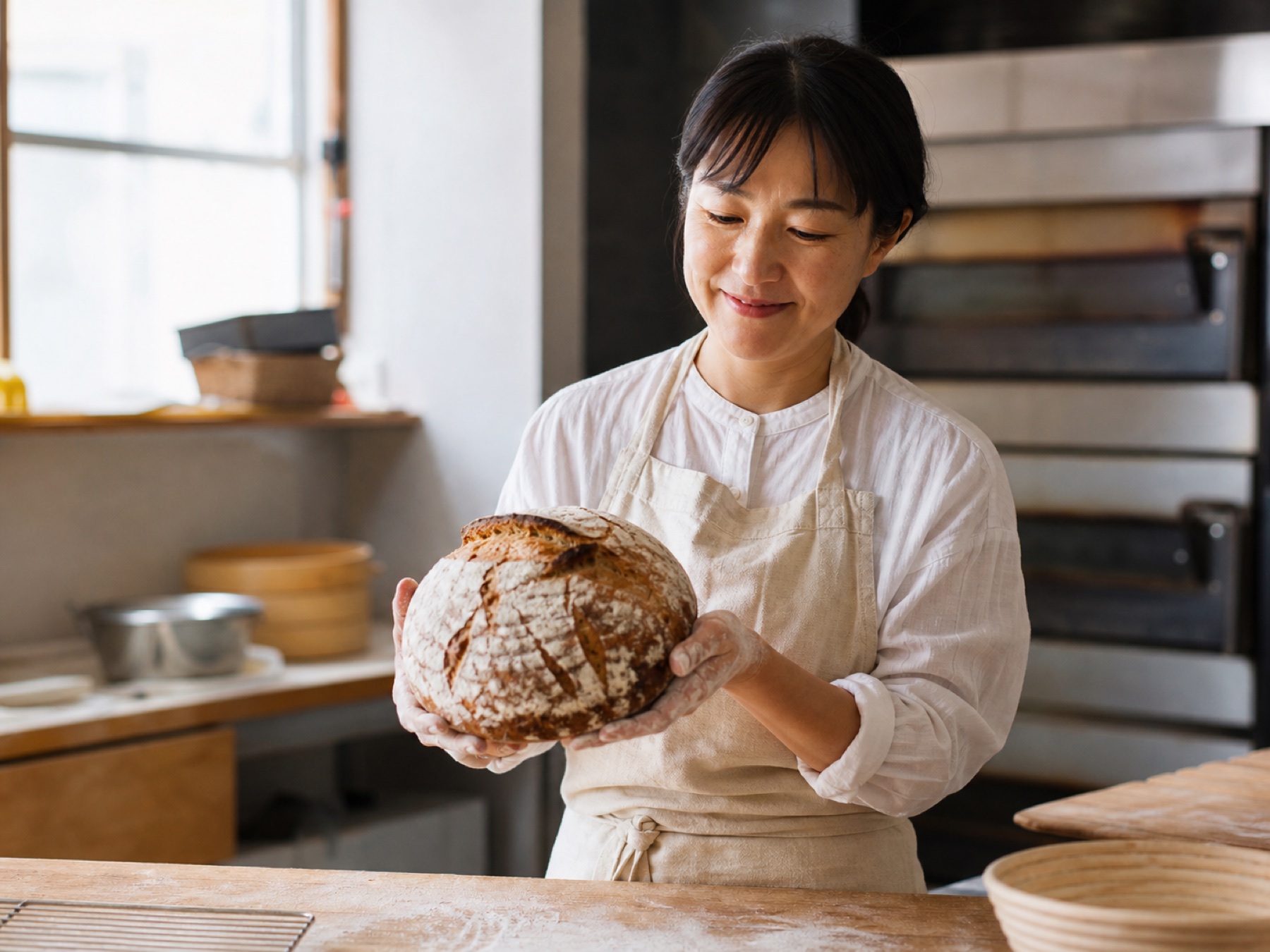 焼きたてパンを持つ小松ベーカリーの職人