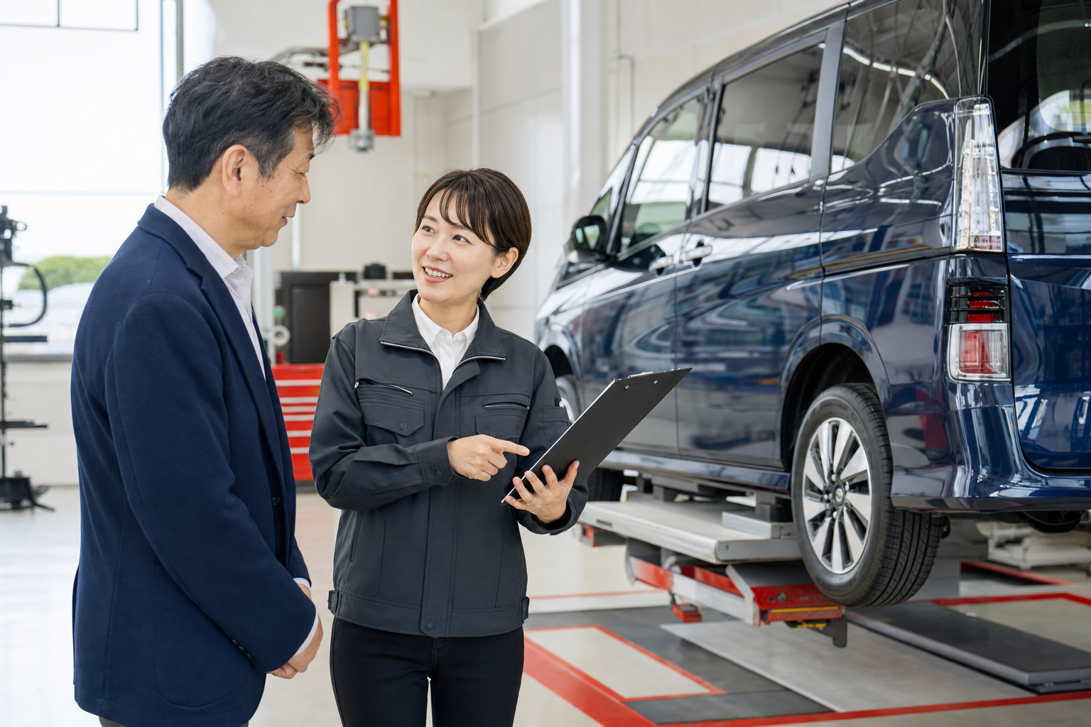 車検内容を説明するスタッフ