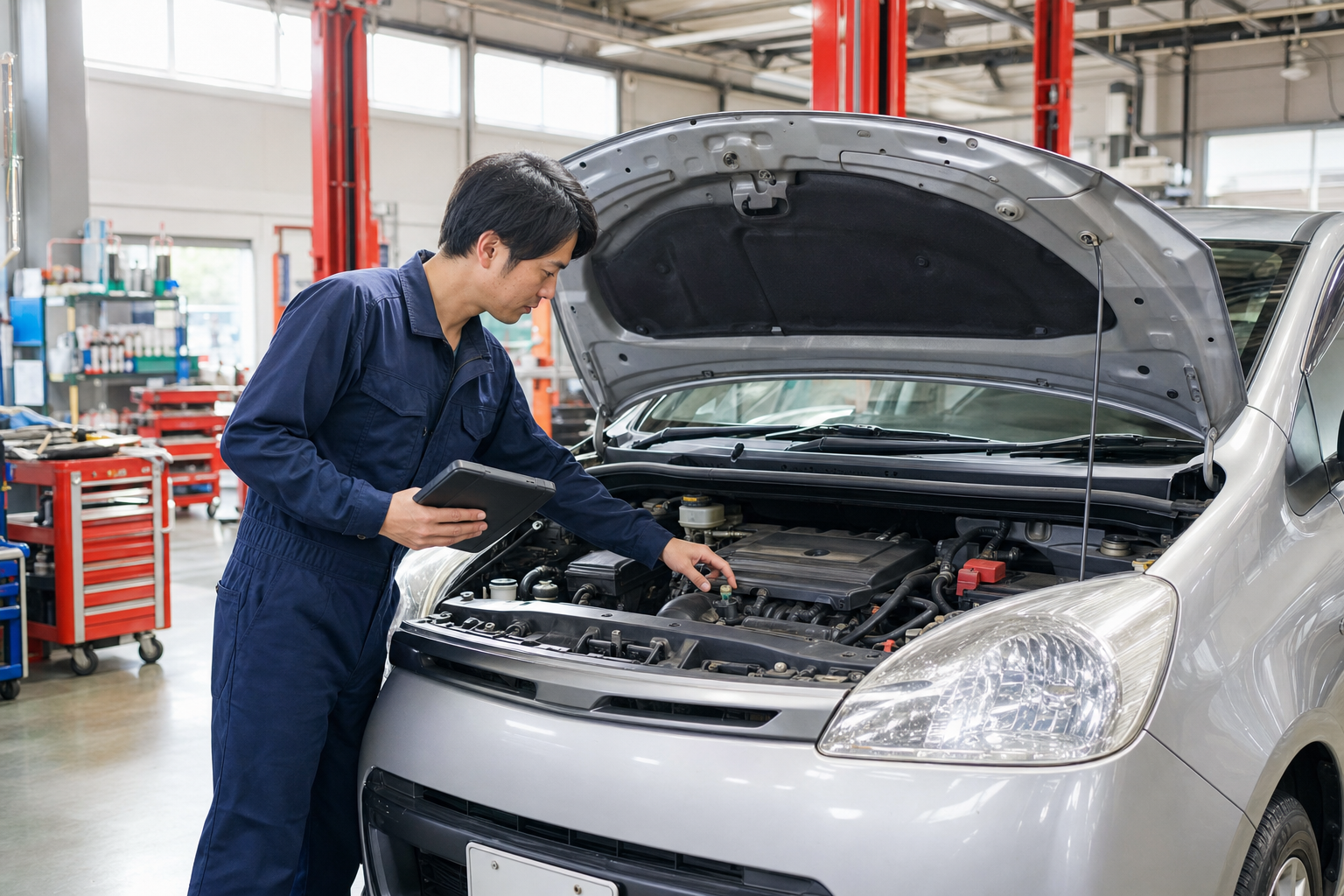 車のエンジンを点検する整備士