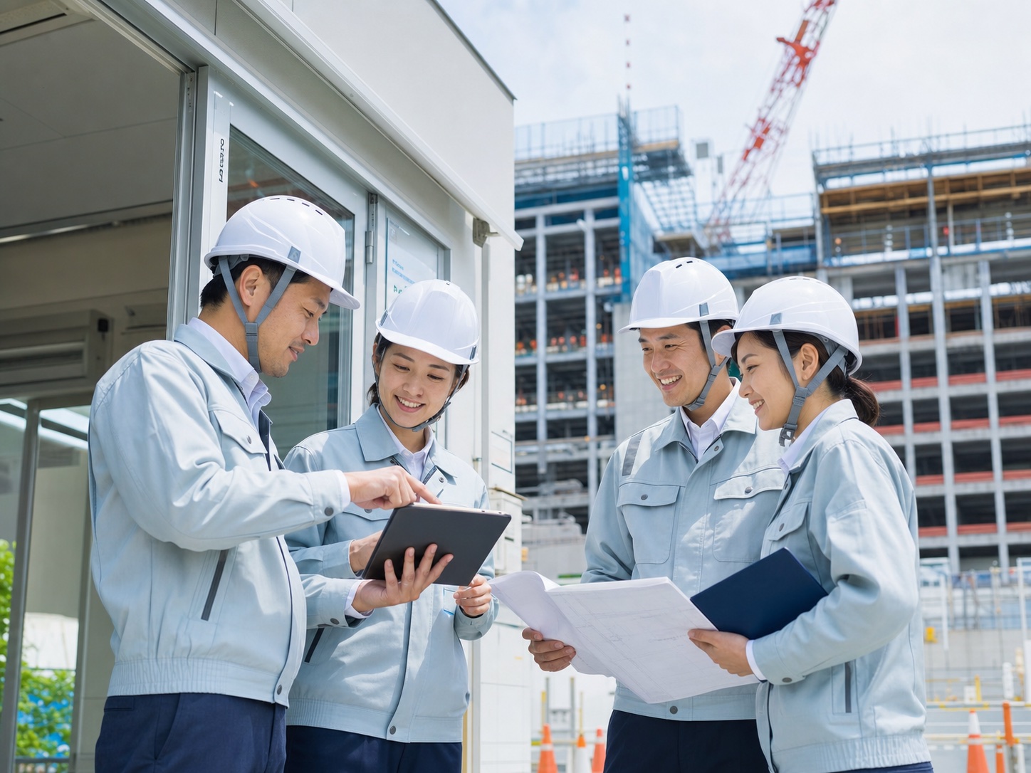 現場で図面とタブレットを確認する建設会社の社員