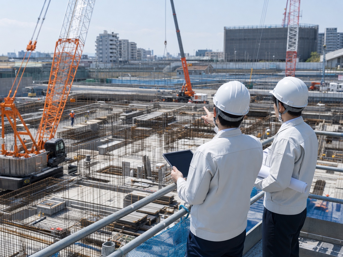 大規模な基礎工事現場を確認する施工管理者
