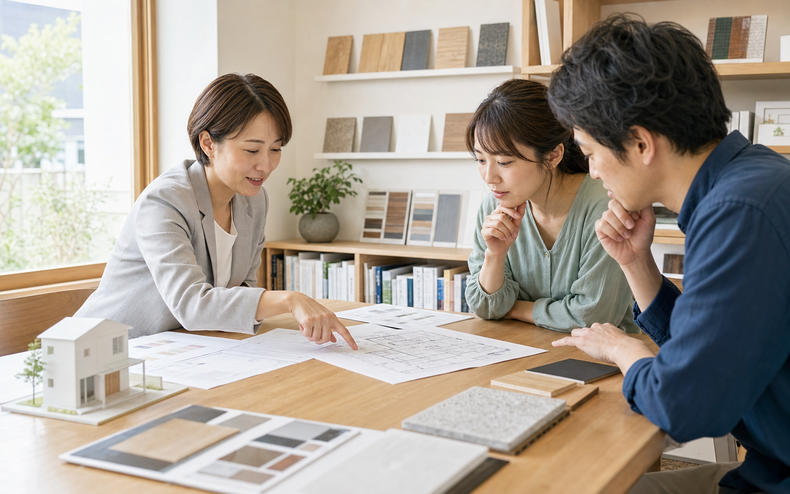 設計士と夫婦が図面や模型を見ながら相談する様子