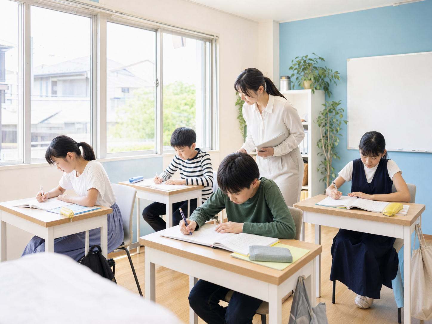 複数の生徒が集中して学ぶ明るい教室と見守る先生