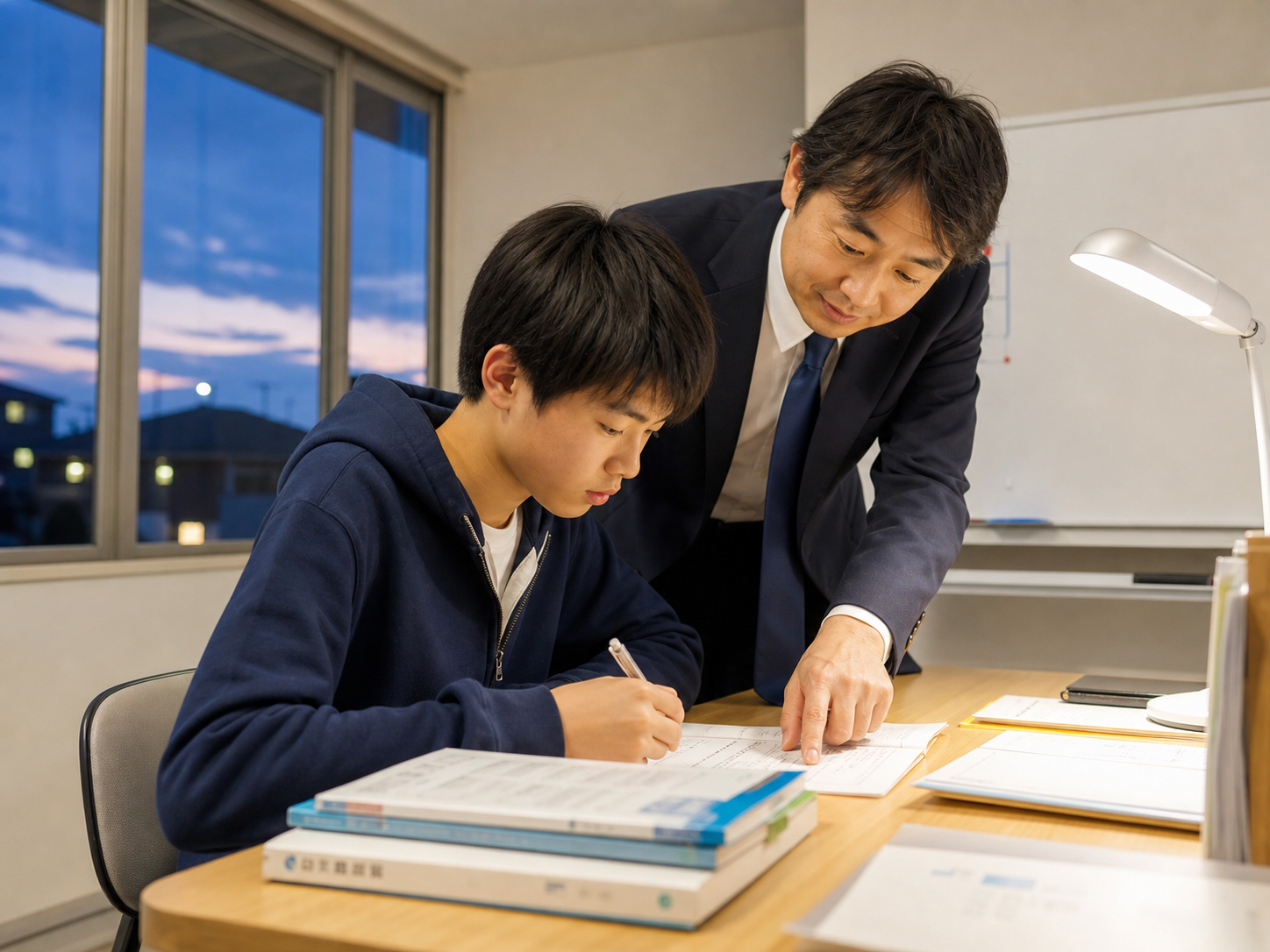 高校受験に向けて模試対策をする中学3年生と先生